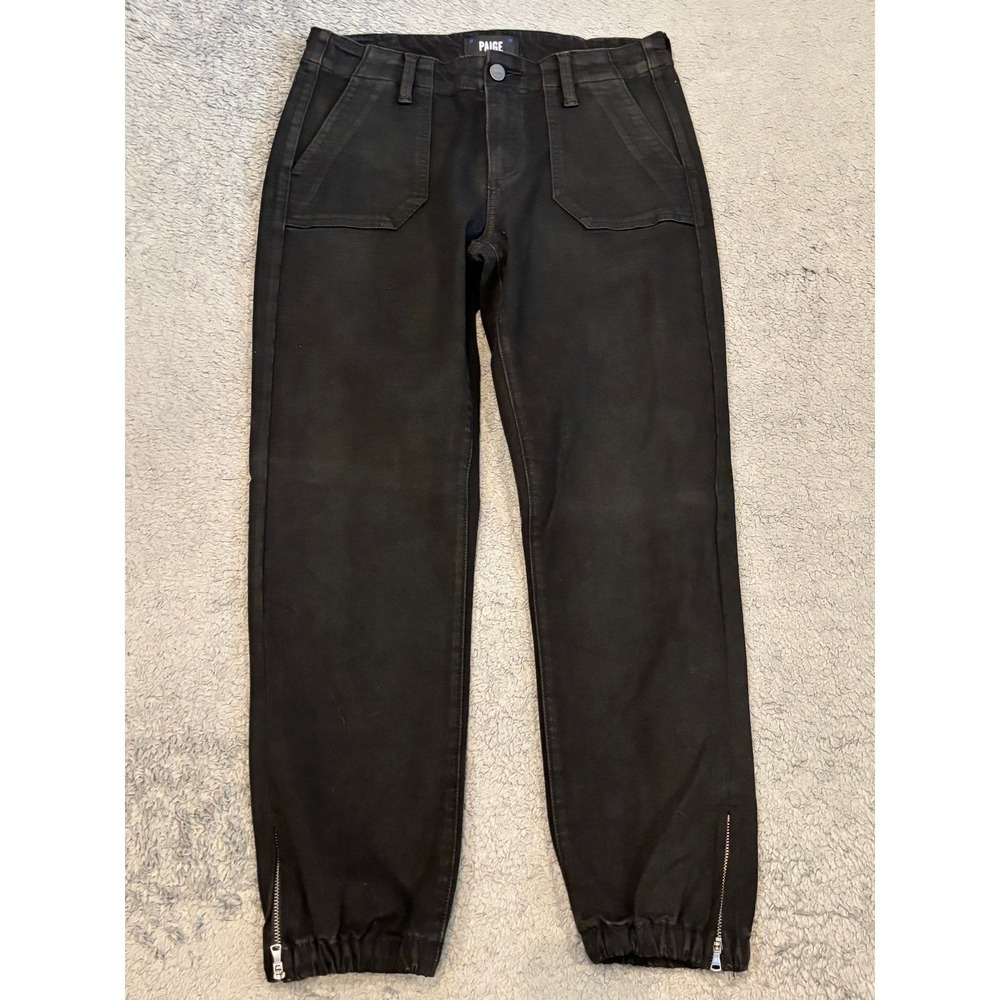 Paige Coated Black Jogger Pants 27 High Rise Zipper Ankle Utility Cargo W3364